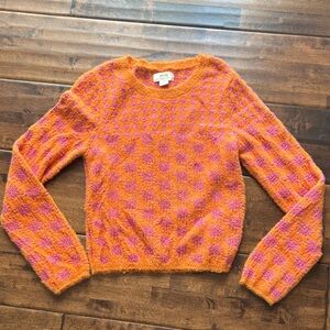 Anthropologie Orange and Pink Fuzzy Check Crewneck Sweater